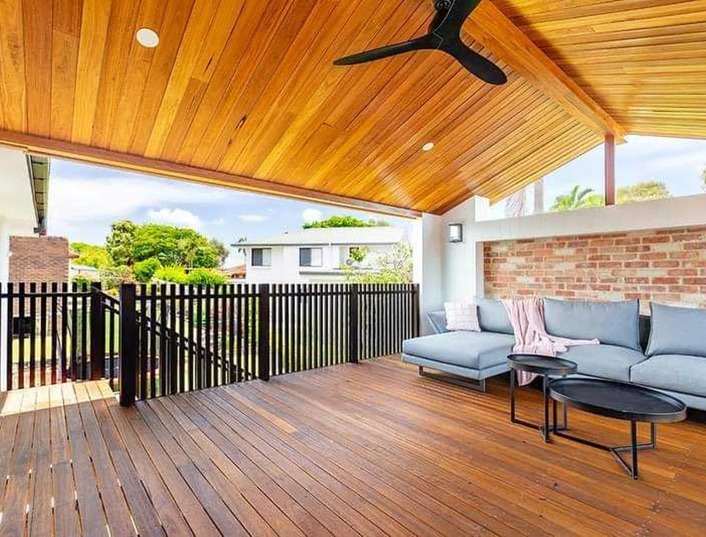 Covered timber deck with a timber-lined ceiling, a Seaforth Builders project on the Gold Coast