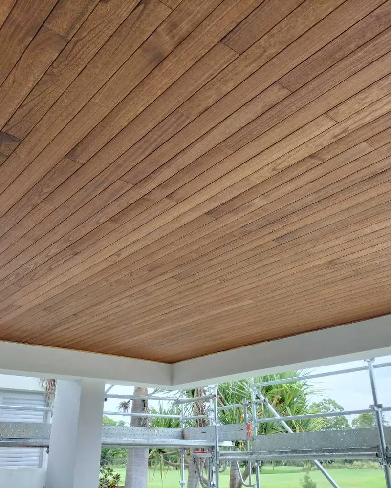 Timber-lined ceiling detail in a covered outdoor area, a Seaforth Builders project on the Gold Coast