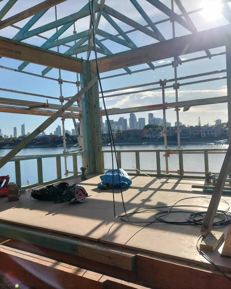 Structural framing under construction at a waterside property, a Seaforth Builders project on the Gold Coast